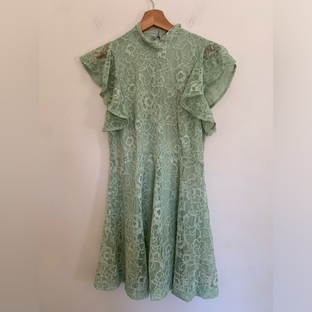 Maeve Sleeveless Mock-Neck Mini Dress Flutter Sleeves Moss Green Size S